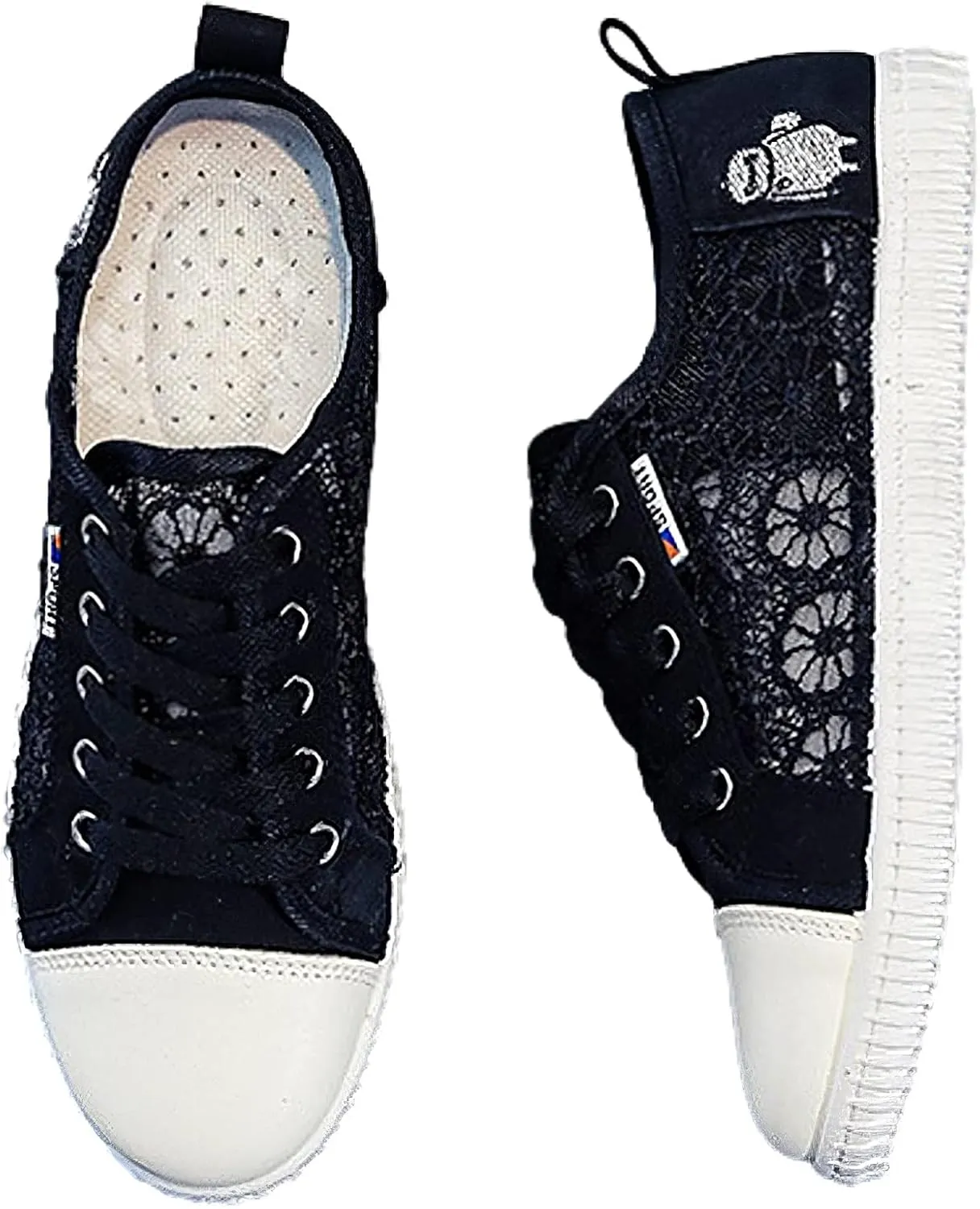 ANUFER Women Girls Summer Embroidery Lace Plimsolls Trainers Lace Up Mesh Sneakers Shoes