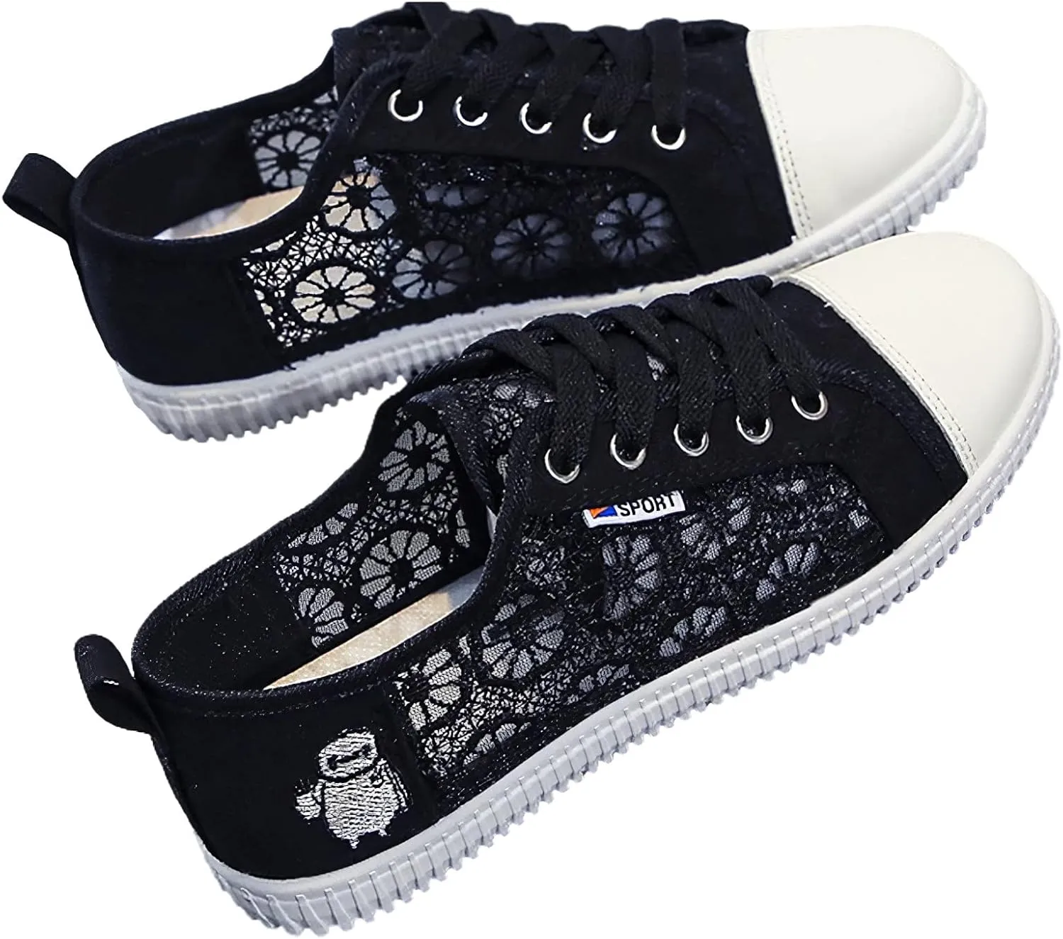ANUFER Women Girls Summer Embroidery Lace Plimsolls Trainers Lace Up Mesh Sneakers Shoes
