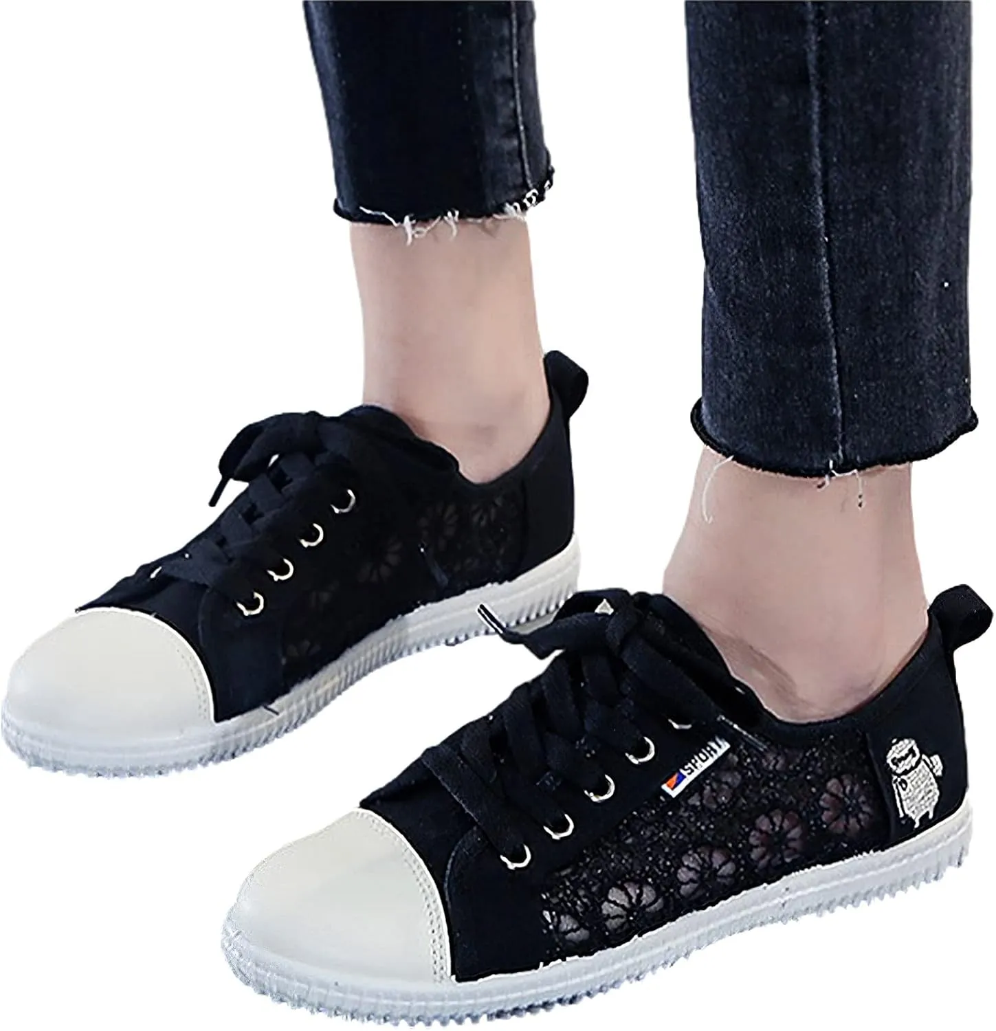 ANUFER Women Girls Summer Embroidery Lace Plimsolls Trainers Lace Up Mesh Sneakers Shoes