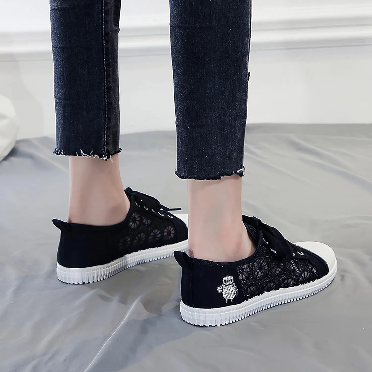 ANUFER Women Girls Summer Embroidery Lace Plimsolls Trainers Lace Up Mesh Sneakers Shoes