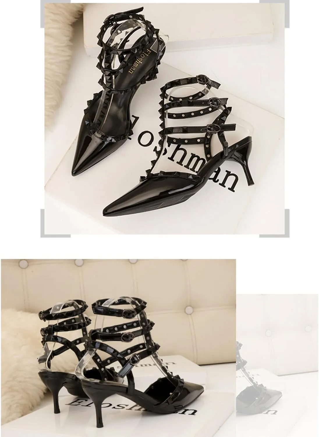 bbruriy Womens Pointy Toe Slingback Heels Studded Kitten Heels T-strap Heeled Sandals Fashion Comfort Party Dress Shoes