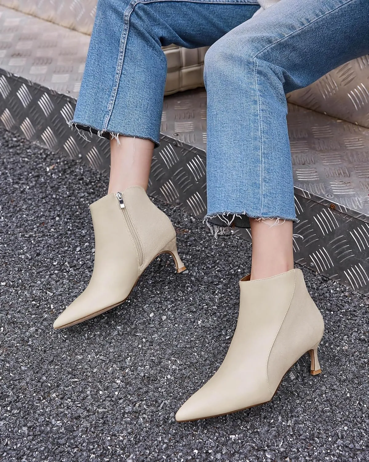 Coutgo Womens Kitten Heel Ankle Boots Pointed Toe Side Zipper Fall Winter Booties Shoes