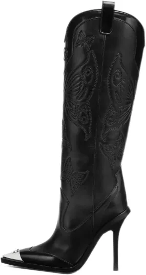 Goolita Women's Black Embroidered Western Cowboy Boots, Knee-High, Pointed Toe, Stiletto Heel, Side Zipper, Leather, All Seasons, Adult, US Footwear Size System