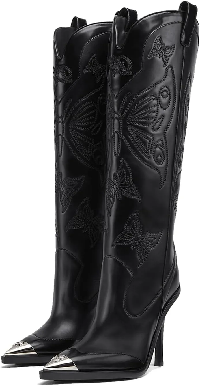 Goolita Women's Black Embroidered Western Cowboy Boots, Knee-High, Pointed Toe, Stiletto Heel, Side Zipper, Leather, All Seasons, Adult, US Footwear Size System