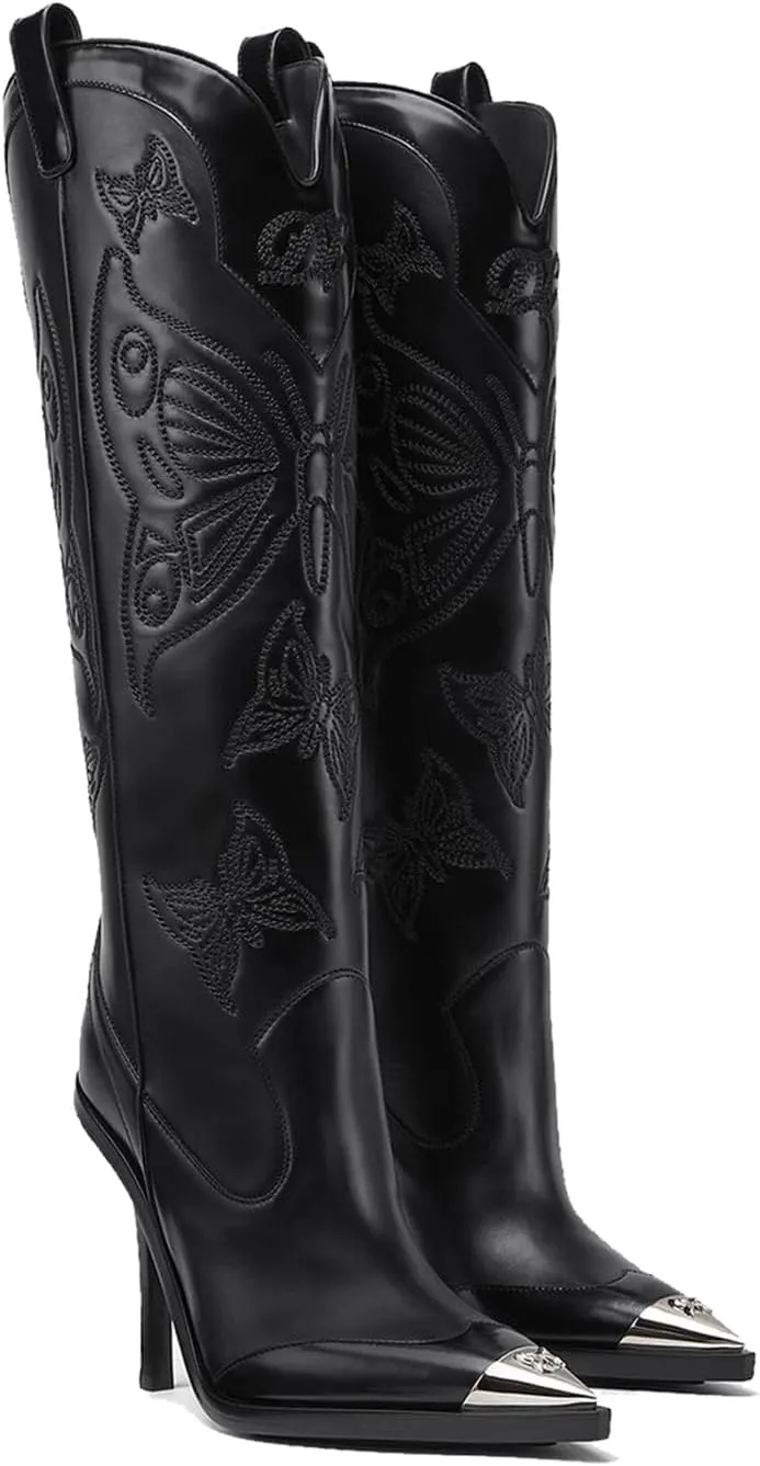 Goolita Women's Black Embroidered Western Cowboy Boots, Knee-High, Pointed Toe, Stiletto Heel, Side Zipper, Leather, All Seasons, Adult, US Footwear Size System