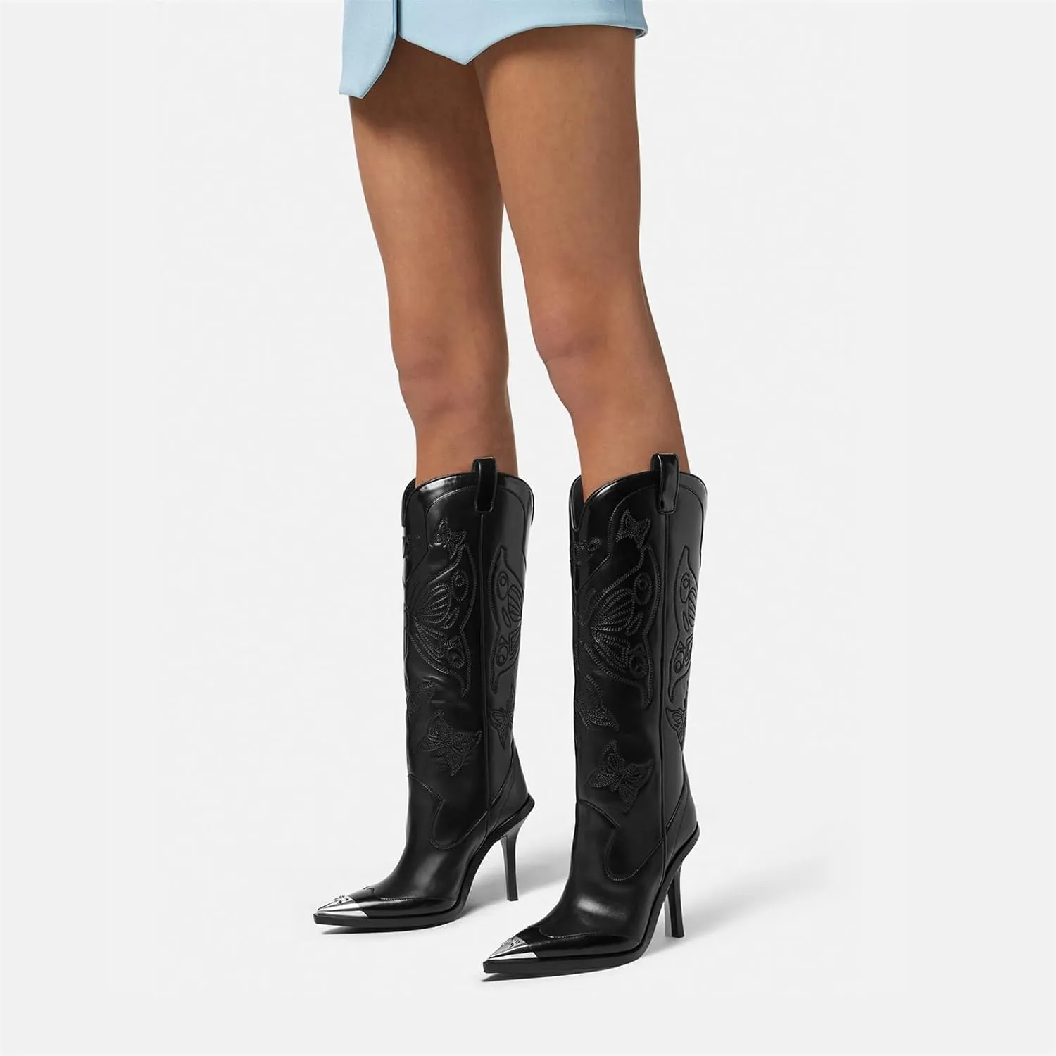 Goolita Women's Black Embroidered Western Cowboy Boots, Knee-High, Pointed Toe, Stiletto Heel, Side Zipper, Leather, All Seasons, Adult, US Footwear Size System