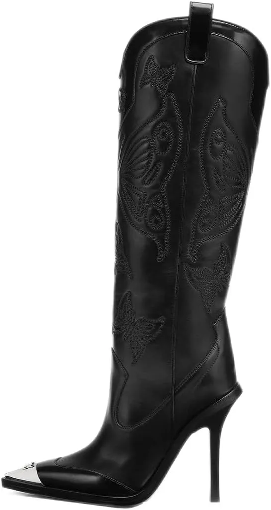 Goolita Women's Black Embroidered Western Cowboy Boots, Knee-High, Pointed Toe, Stiletto Heel, Side Zipper, Leather, All Seasons, Adult, US Footwear Size System