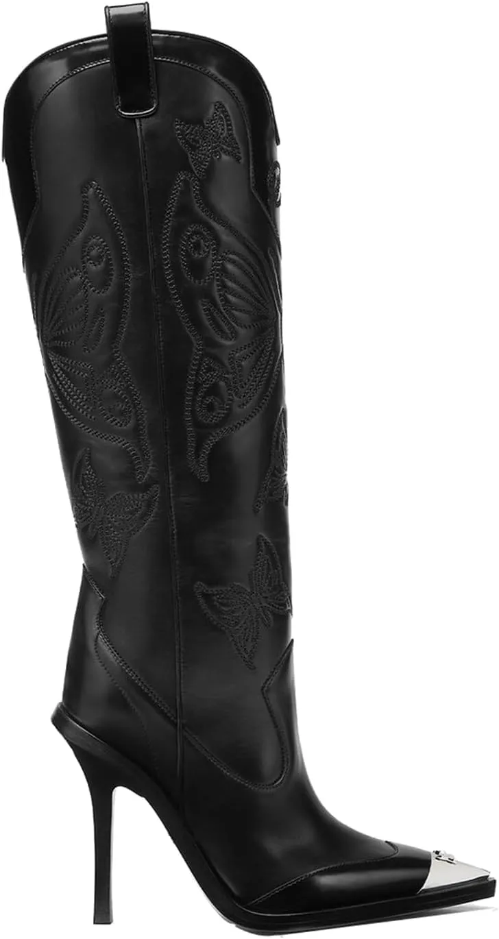 Goolita Women's Black Embroidered Western Cowboy Boots, Knee-High, Pointed Toe, Stiletto Heel, Side Zipper, Leather, All Seasons, Adult, US Footwear Size System