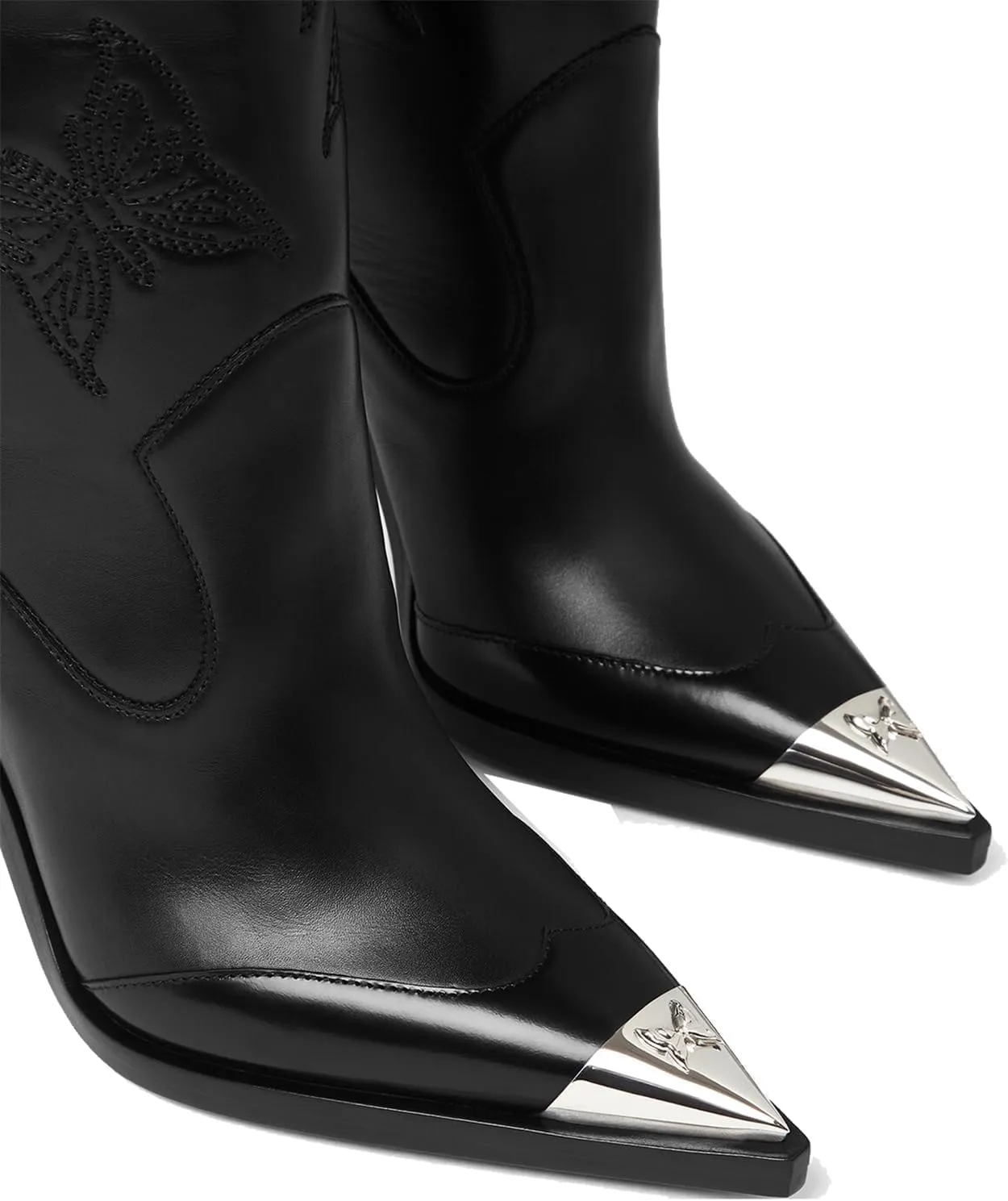 Goolita Women's Black Embroidered Western Cowboy Boots, Knee-High, Pointed Toe, Stiletto Heel, Side Zipper, Leather, All Seasons, Adult, US Footwear Size System