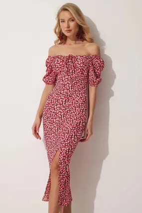 Happiness Istanbul Women's Dark Pink Carmen Collar Slit Summer Knitted Dress