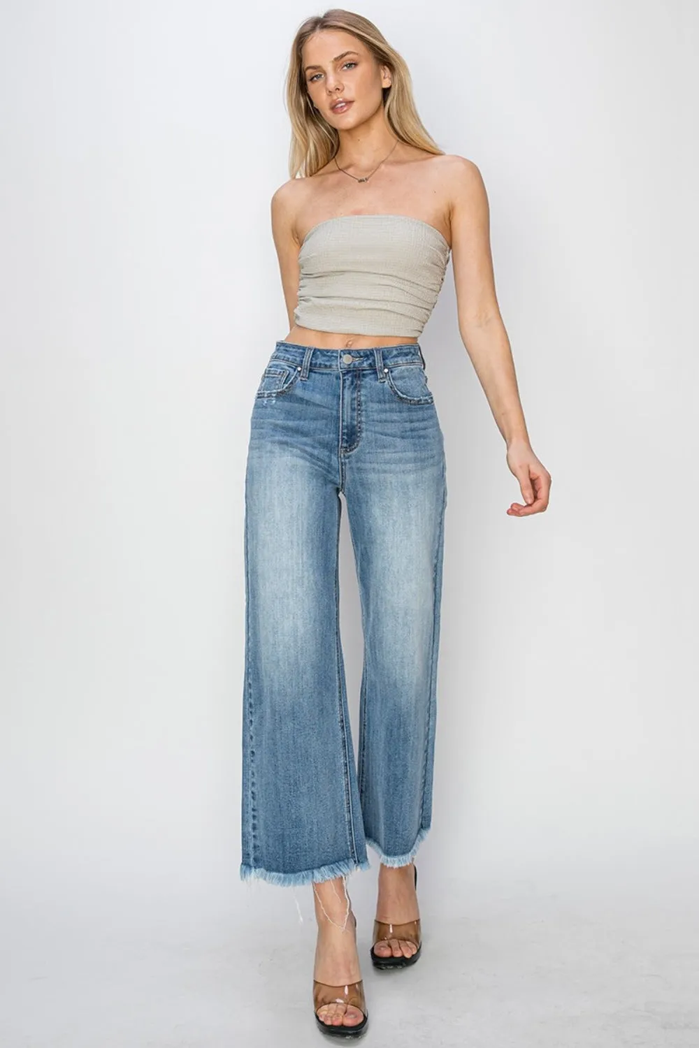 KESLEY Casual Cotton Jeans Raw Hem Cropped Wide Leg Jeans