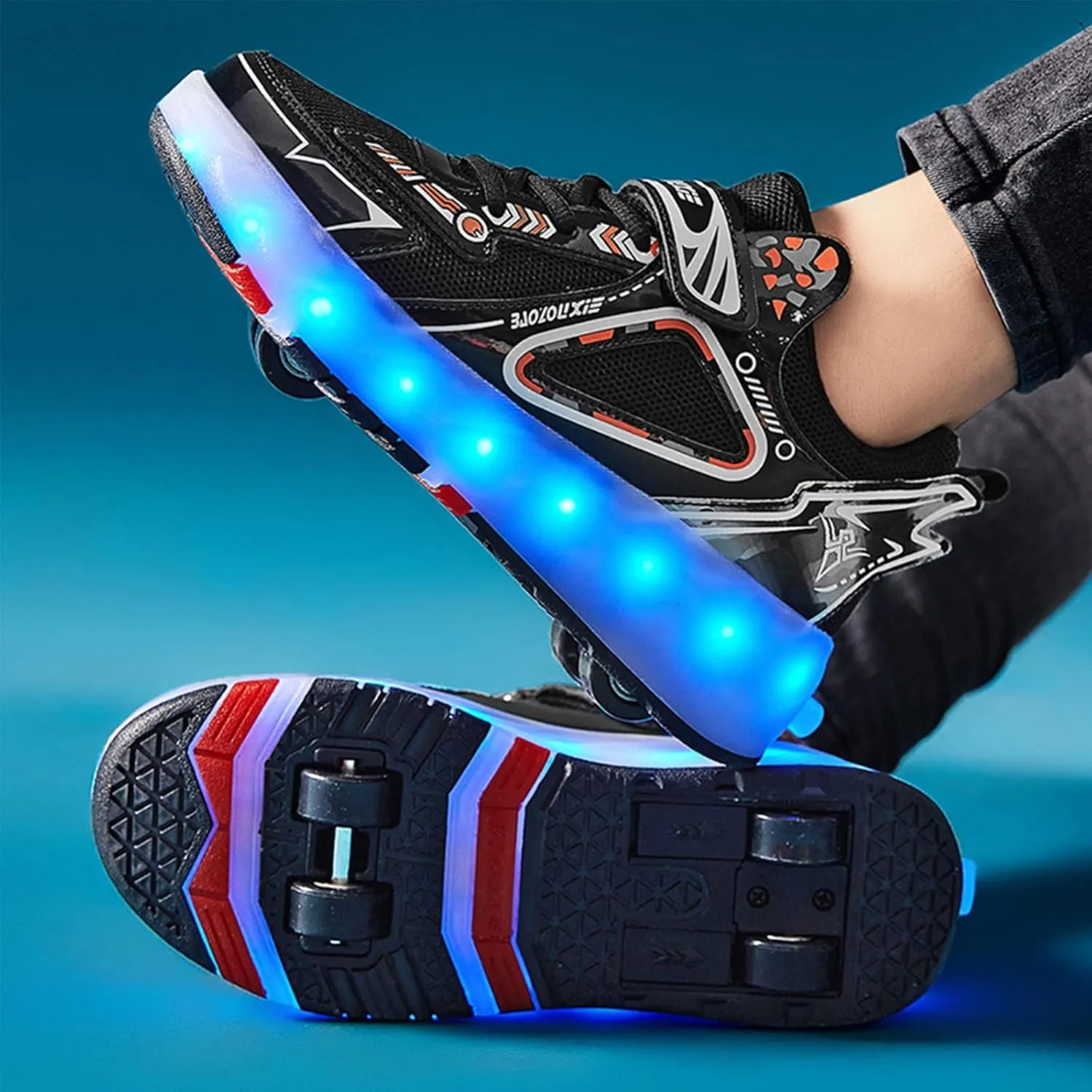 Kids Roller Skates Shoes with USB Chargeable, LED Light Up Roller Shoes with 4 Wheels, Roller Shoes Girls Boys Sneakers Best Gifts,Black-3BigKid