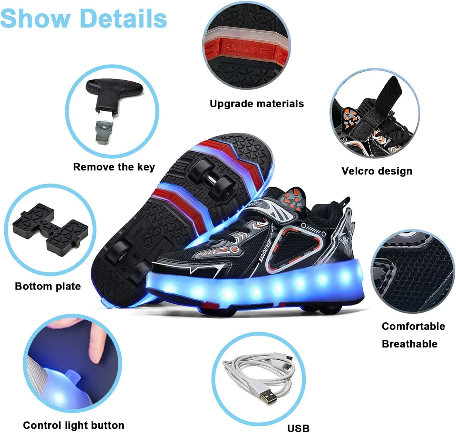 Kids Roller Skates Shoes with USB Chargeable, LED Light Up Roller Shoes with 4 Wheels, Roller Shoes Girls Boys Sneakers Best Gifts,Black-3BigKid