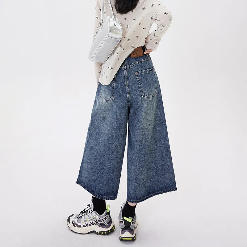 Toleet fall outfits 2024 Street Retro Neutral Fashionable Cropped Pants Slimming Loose Wide Leg Washed Jeans for Women
