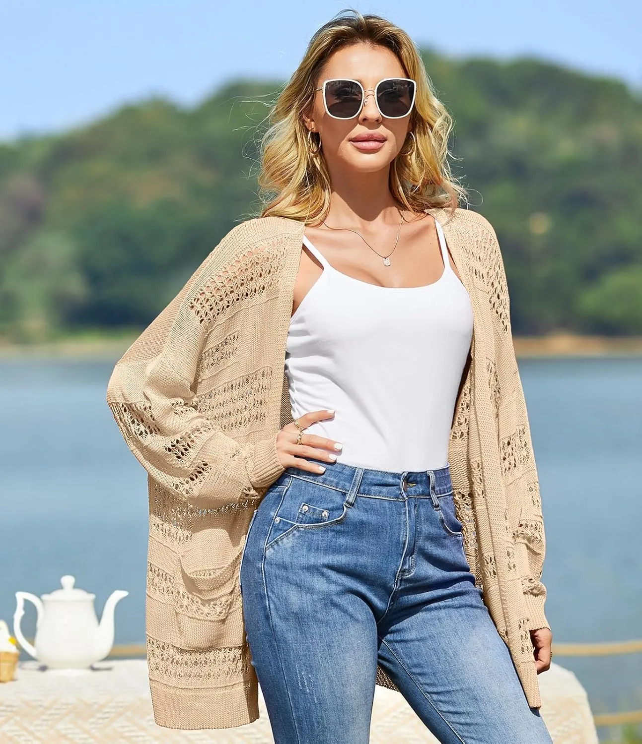 V FOR CITY Women's Cardigans Lightweight Summer Crochet Oversized Long Sleeved Open Front Knit Sweater Trendy