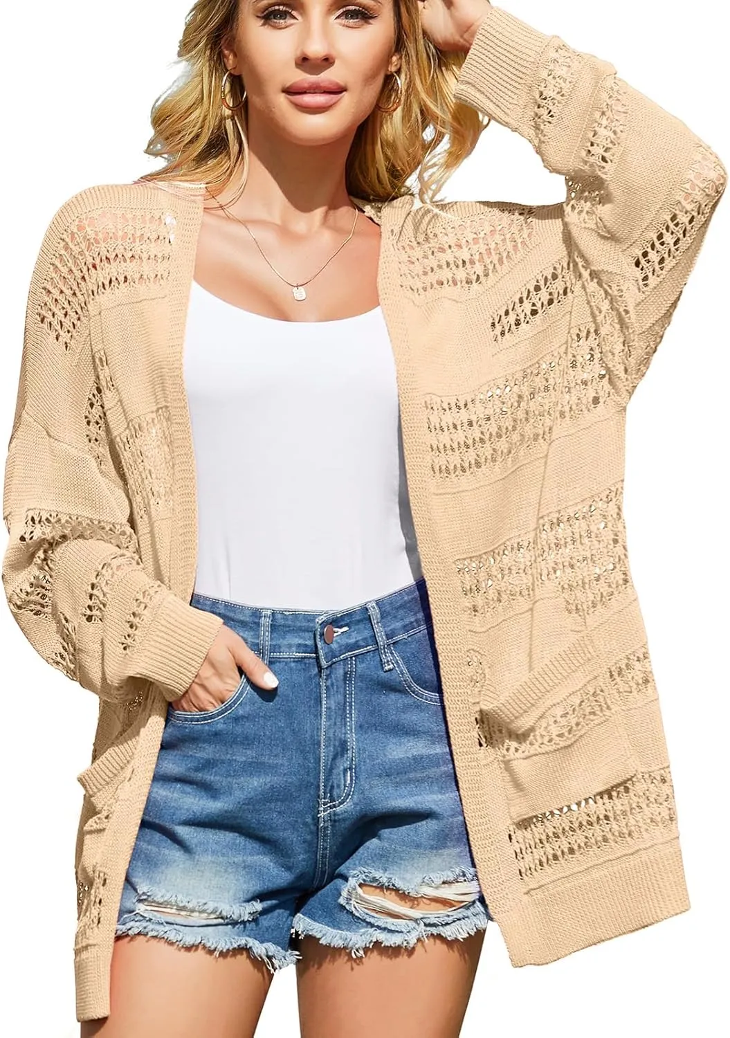 V FOR CITY Women's Cardigans Lightweight Summer Crochet Oversized Long Sleeved Open Front Knit Sweater Trendy