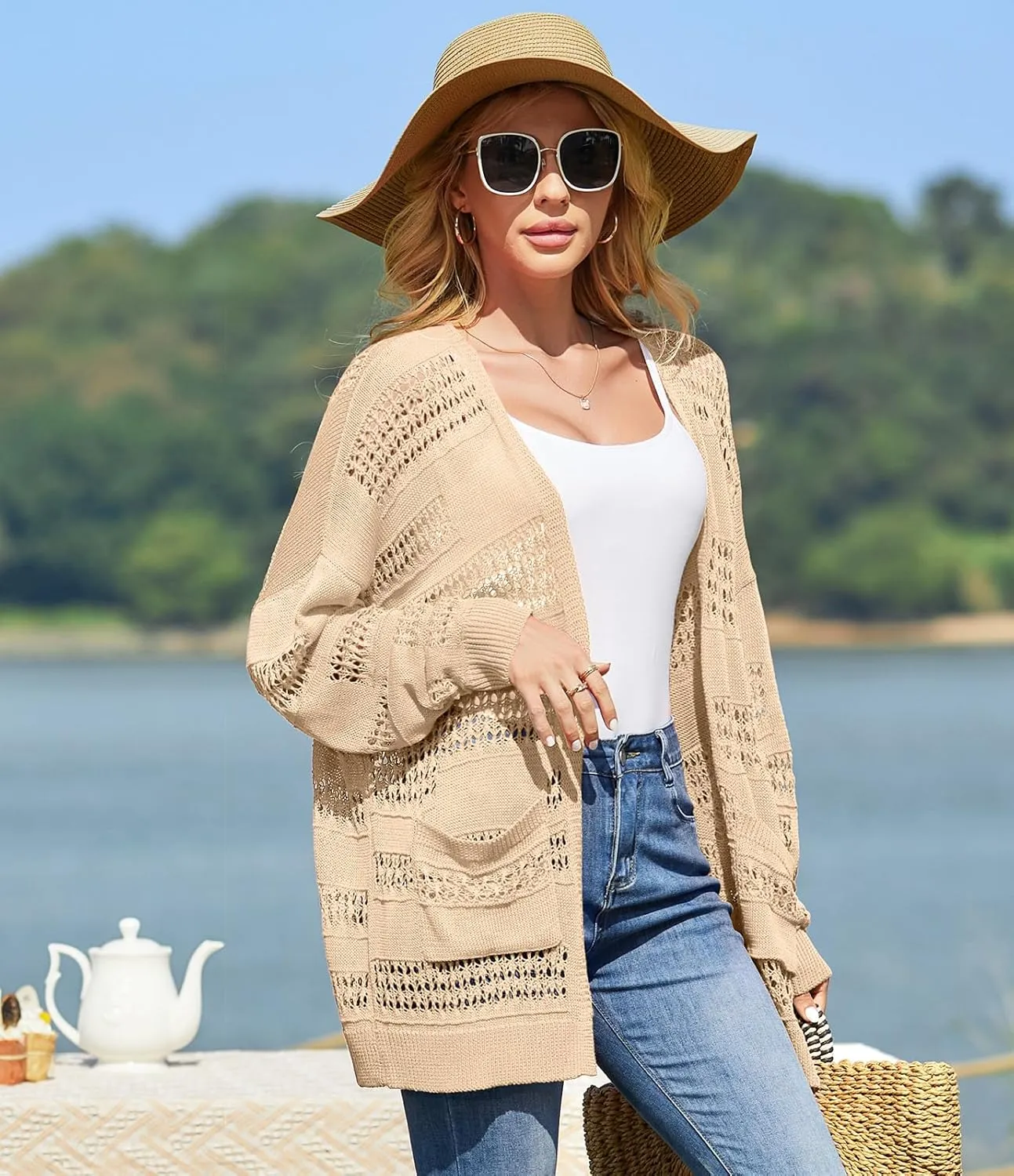 V FOR CITY Women's Cardigans Lightweight Summer Crochet Oversized Long Sleeved Open Front Knit Sweater Trendy