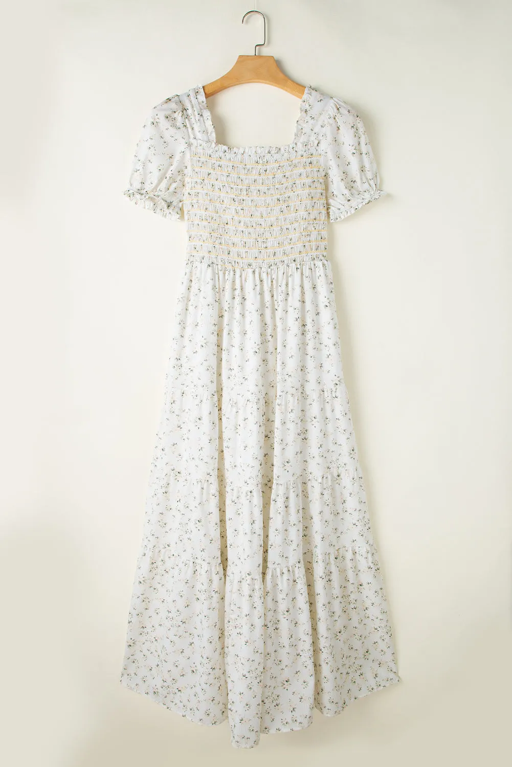White Frilly Shirred Bodice Tiered Floral Maxi Dress