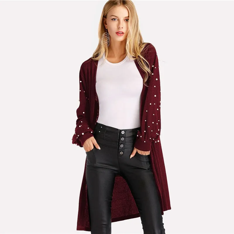 Women's Autumn Knitted Long Sleeve Cardigan With Pearl