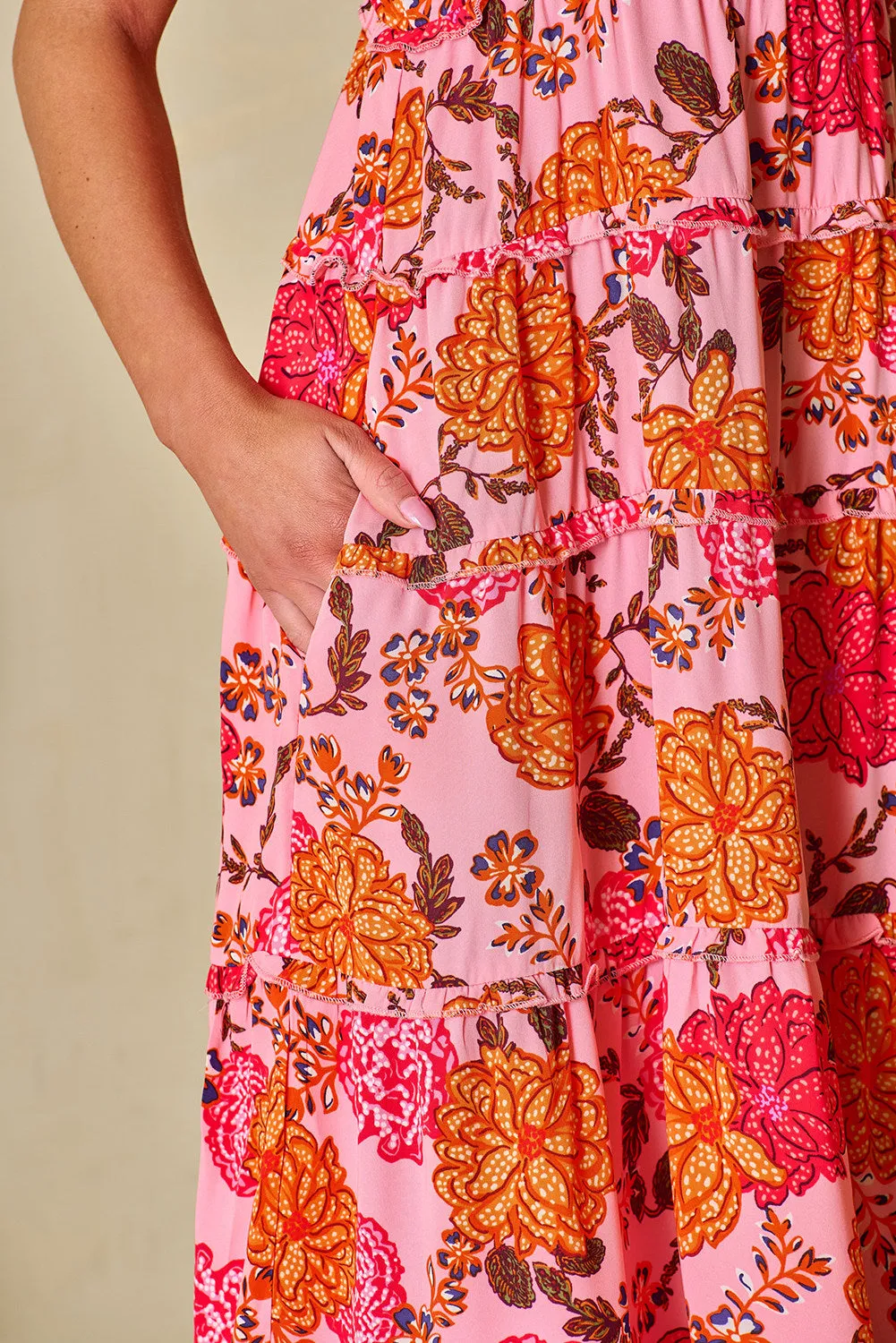 Women's Floral Square Neck Ruffled Flutter Sleeve Tiered Midi Dress with Pockets