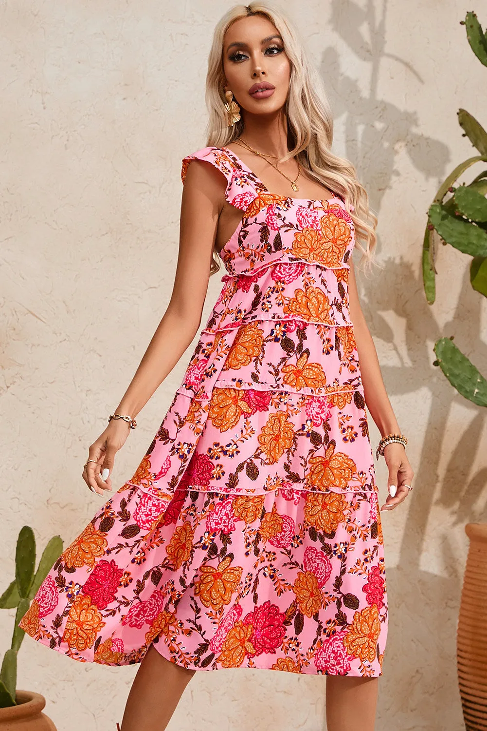 Women's Floral Square Neck Ruffled Flutter Sleeve Tiered Midi Dress with Pockets