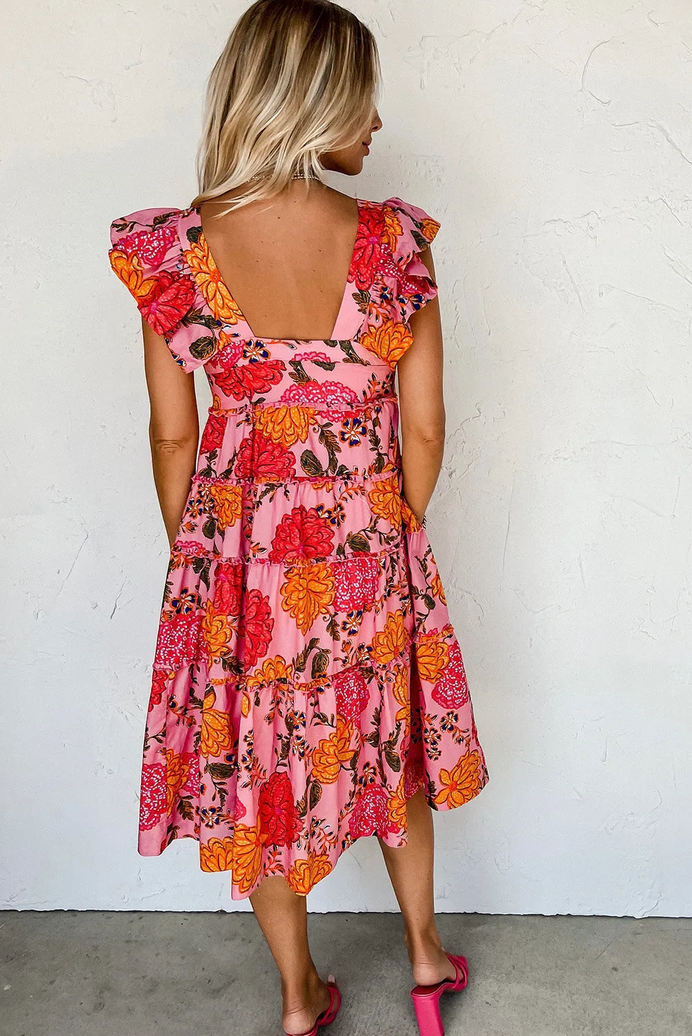 Women's Floral Square Neck Ruffled Flutter Sleeve Tiered Midi Dress with Pockets