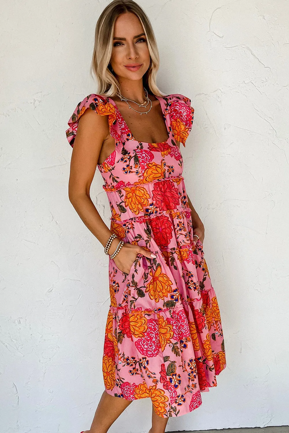 Women's Floral Square Neck Ruffled Flutter Sleeve Tiered Midi Dress with Pockets