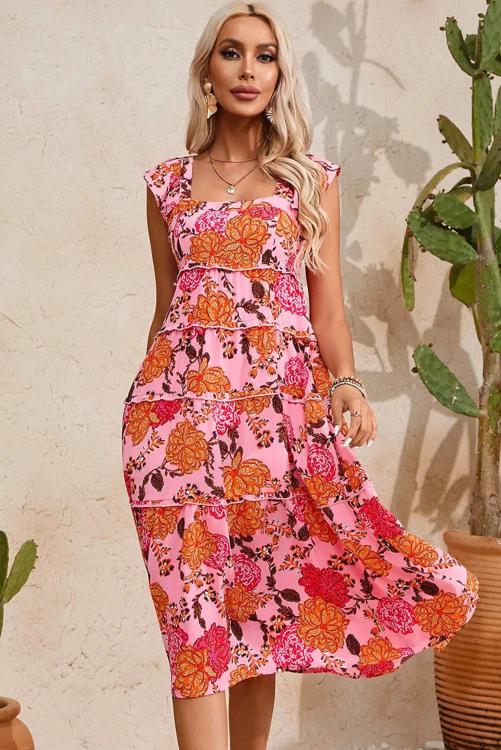 Women's Floral Square Neck Ruffled Flutter Sleeve Tiered Midi Dress with Pockets