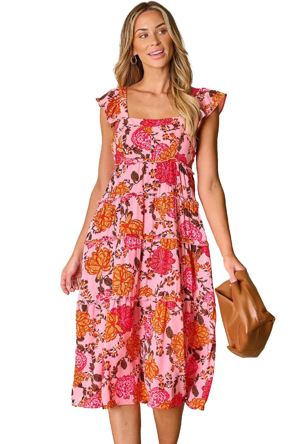 Women's Floral Square Neck Ruffled Flutter Sleeve Tiered Midi Dress with Pockets