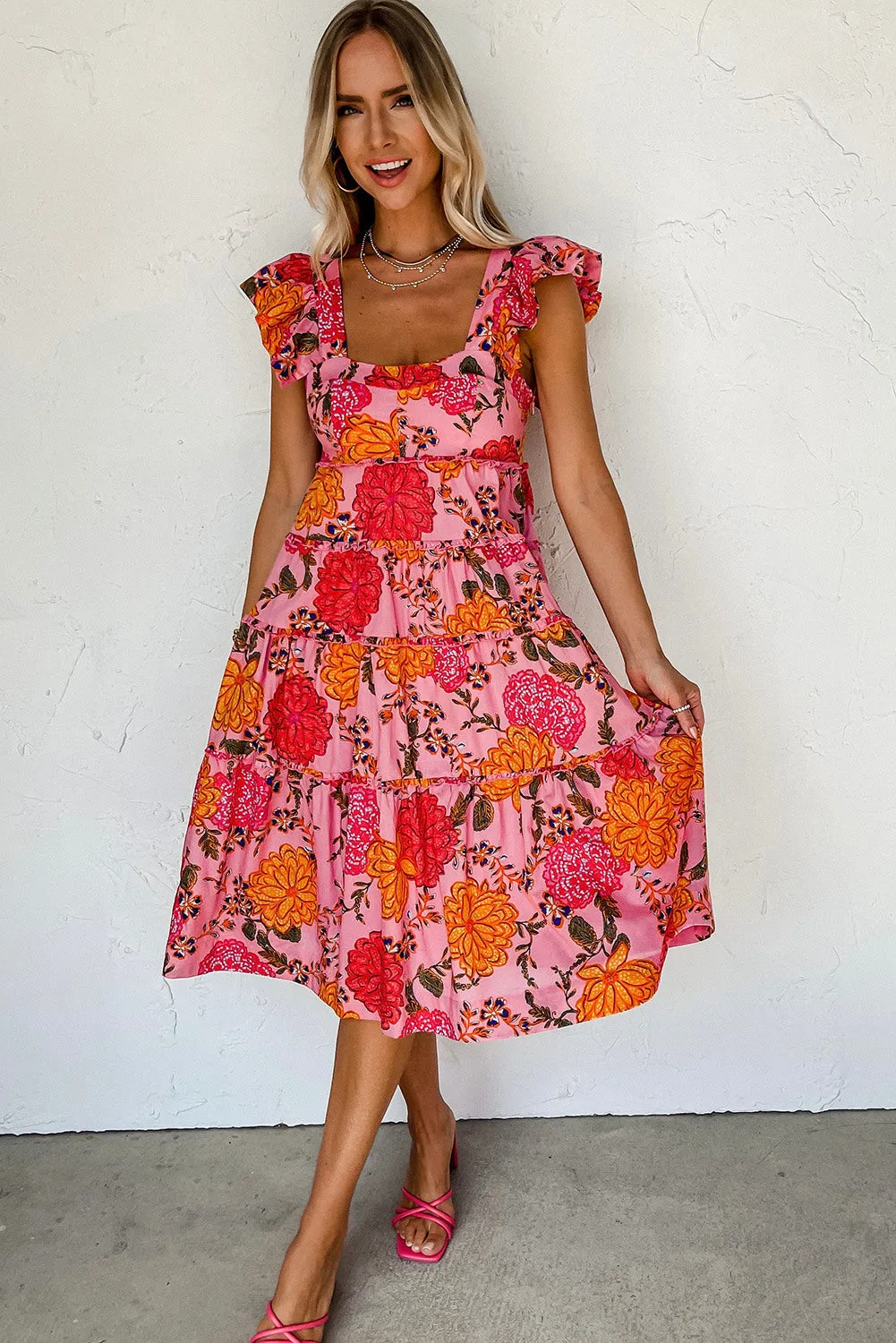 Women's Floral Square Neck Ruffled Flutter Sleeve Tiered Midi Dress with Pockets