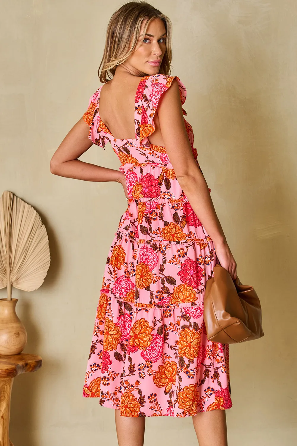 Women's Floral Square Neck Ruffled Flutter Sleeve Tiered Midi Dress with Pockets