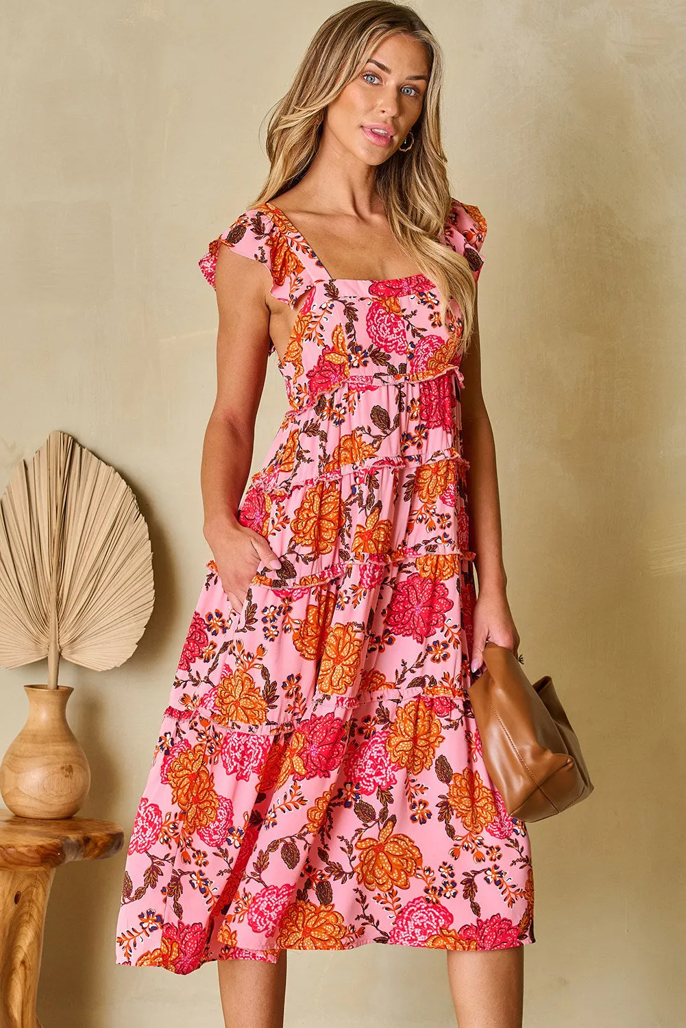 Women's Floral Square Neck Ruffled Flutter Sleeve Tiered Midi Dress with Pockets