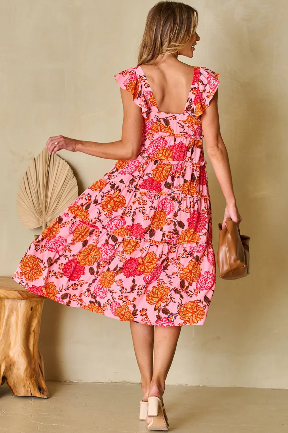 Women's Floral Square Neck Ruffled Flutter Sleeve Tiered Midi Dress with Pockets