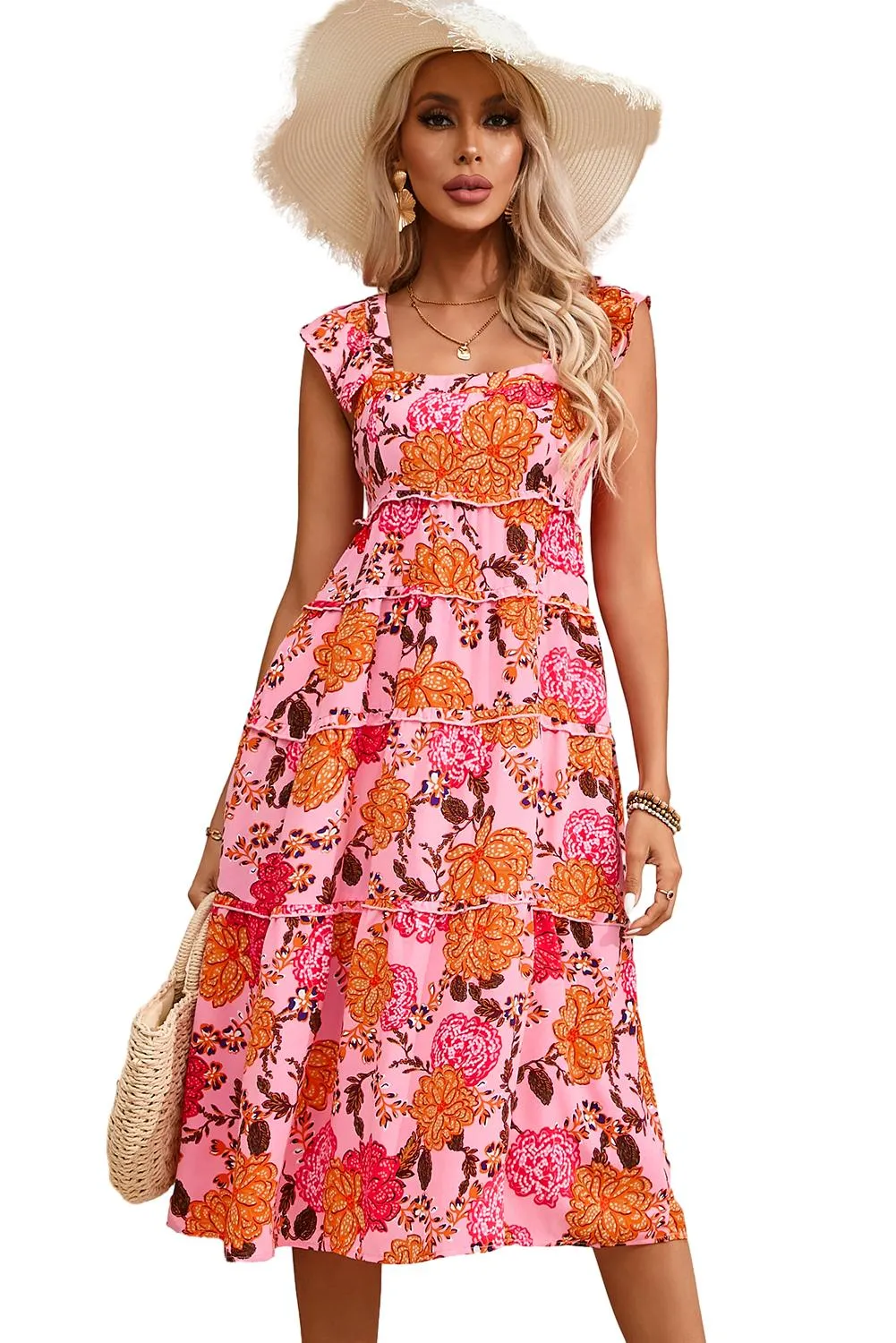 Women's Floral Square Neck Ruffled Flutter Sleeve Tiered Midi Dress with Pockets