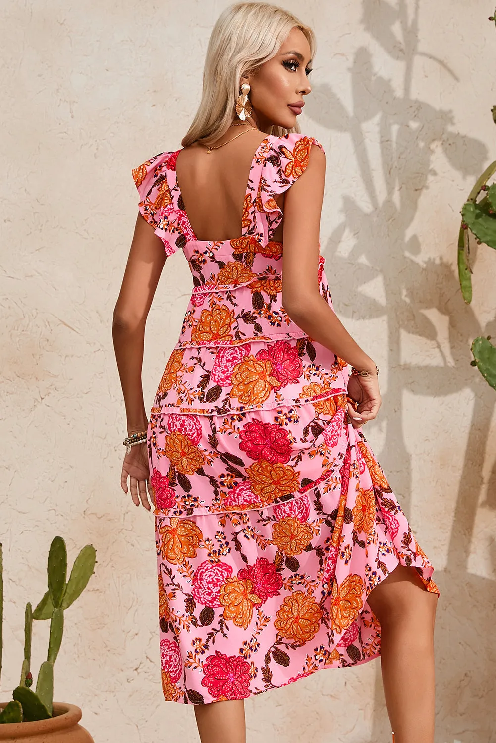 Women's Floral Square Neck Ruffled Flutter Sleeve Tiered Midi Dress with Pockets