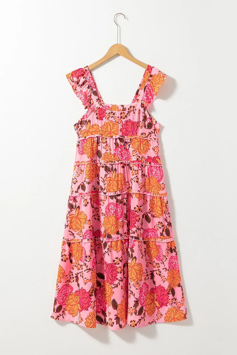 Women's Floral Square Neck Ruffled Flutter Sleeve Tiered Midi Dress with Pockets