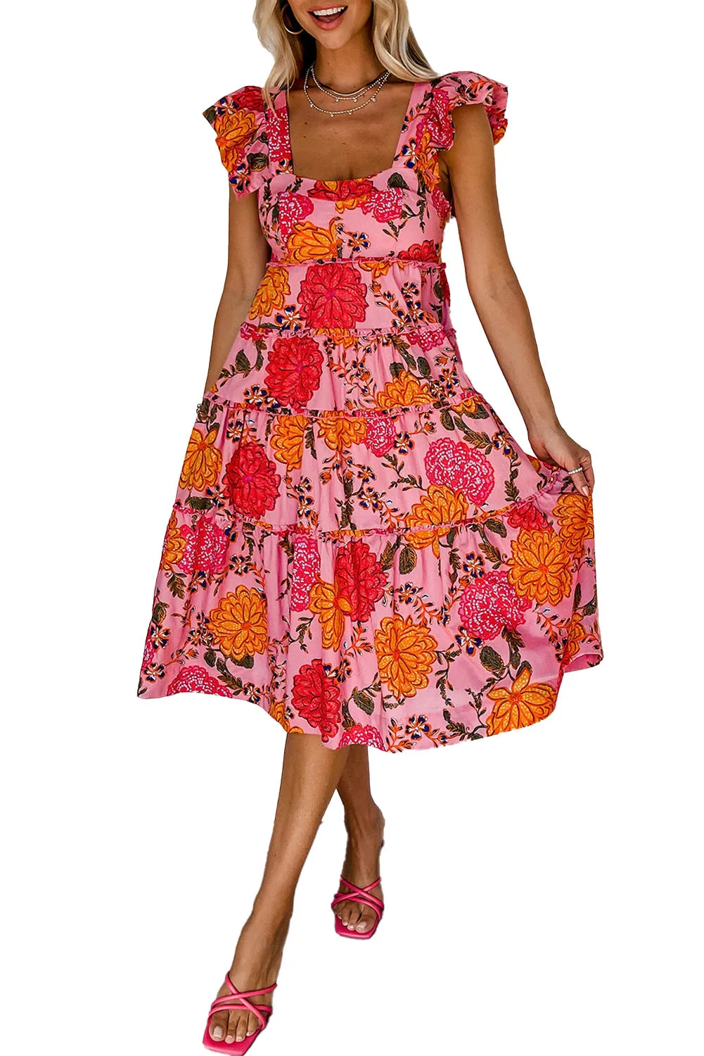 Women's Floral Square Neck Ruffled Flutter Sleeve Tiered Midi Dress with Pockets