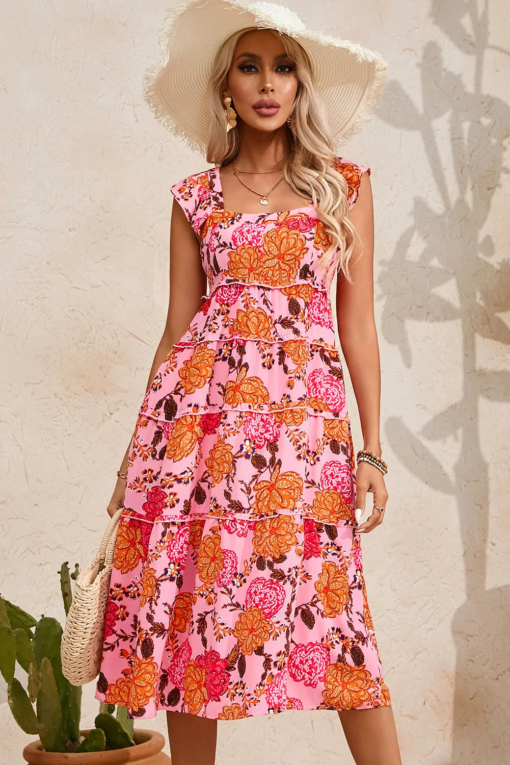 Women's Floral Square Neck Ruffled Flutter Sleeve Tiered Midi Dress with Pockets