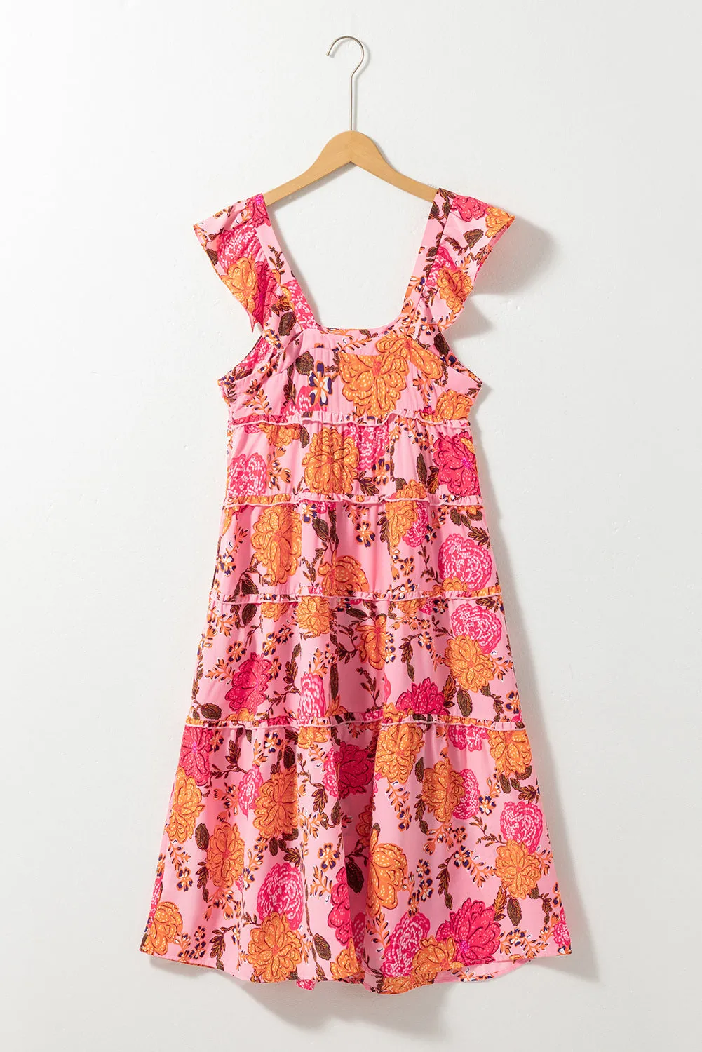 Women's Floral Square Neck Ruffled Flutter Sleeve Tiered Midi Dress with Pockets
