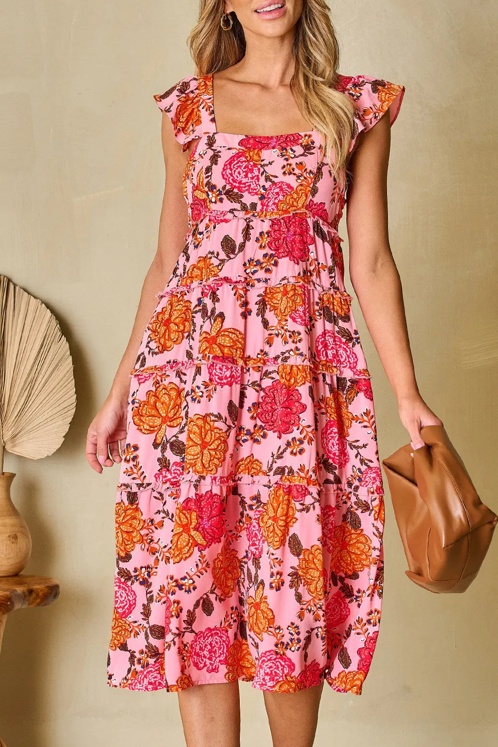 Women's Floral Square Neck Ruffled Flutter Sleeve Tiered Midi Dress with Pockets