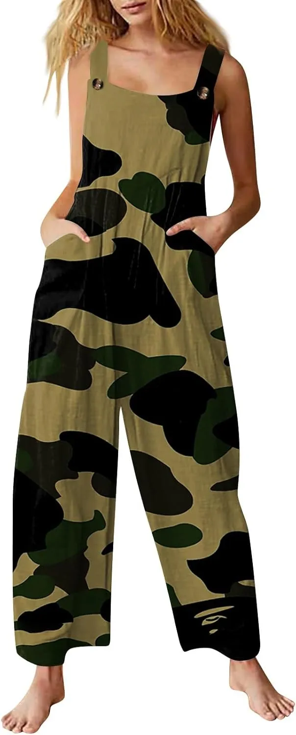 Womens Jumpsuits Casual Loose Outfits Plus Size Vintage Rompers Palazzo One Piece Overalls with Pockets