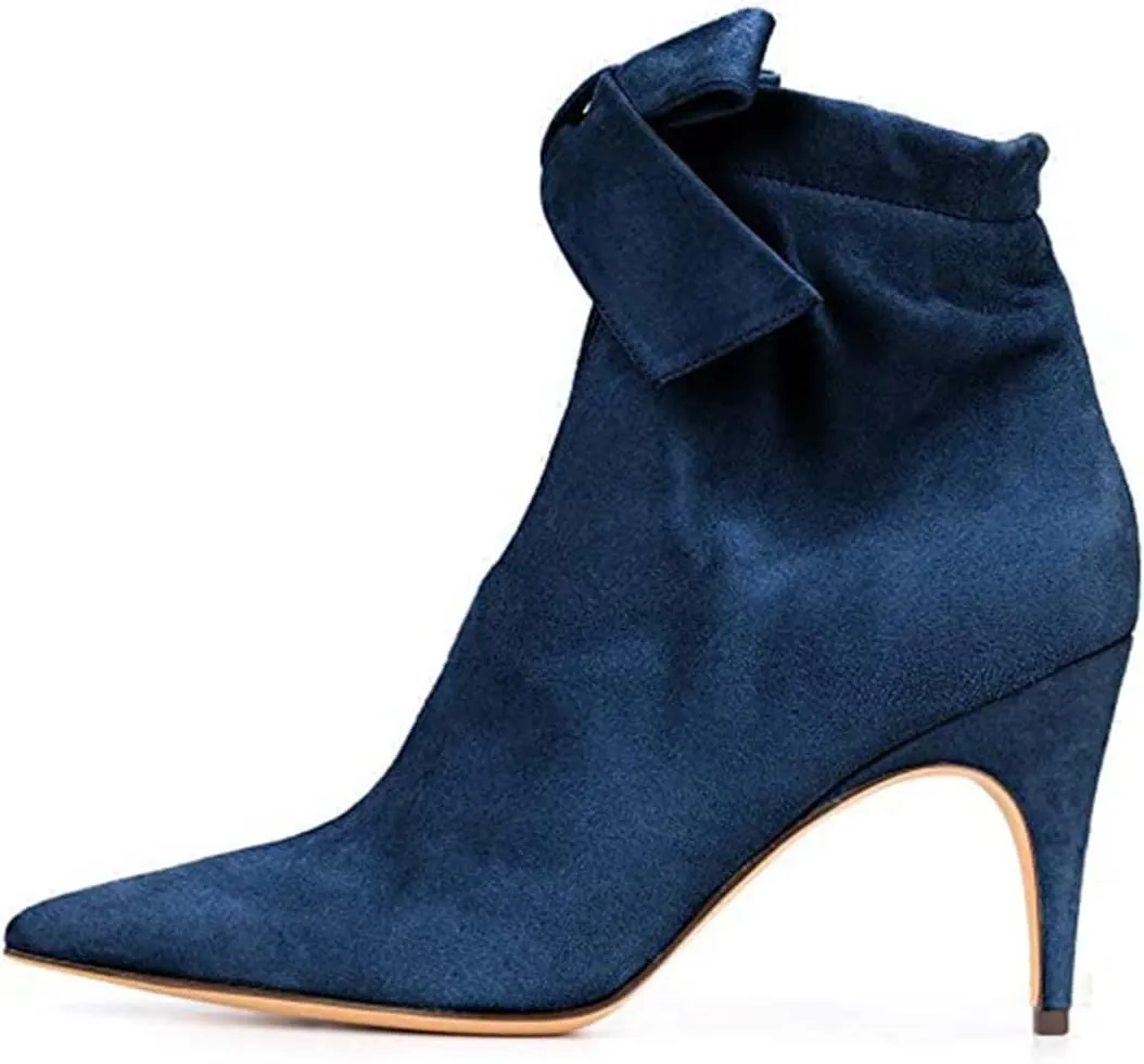 XYD Women Classical Pointed Toe Ankle Booties Dress Low Kitten Heels Graceful Bow Pull-on Boots Party Festival Shoes