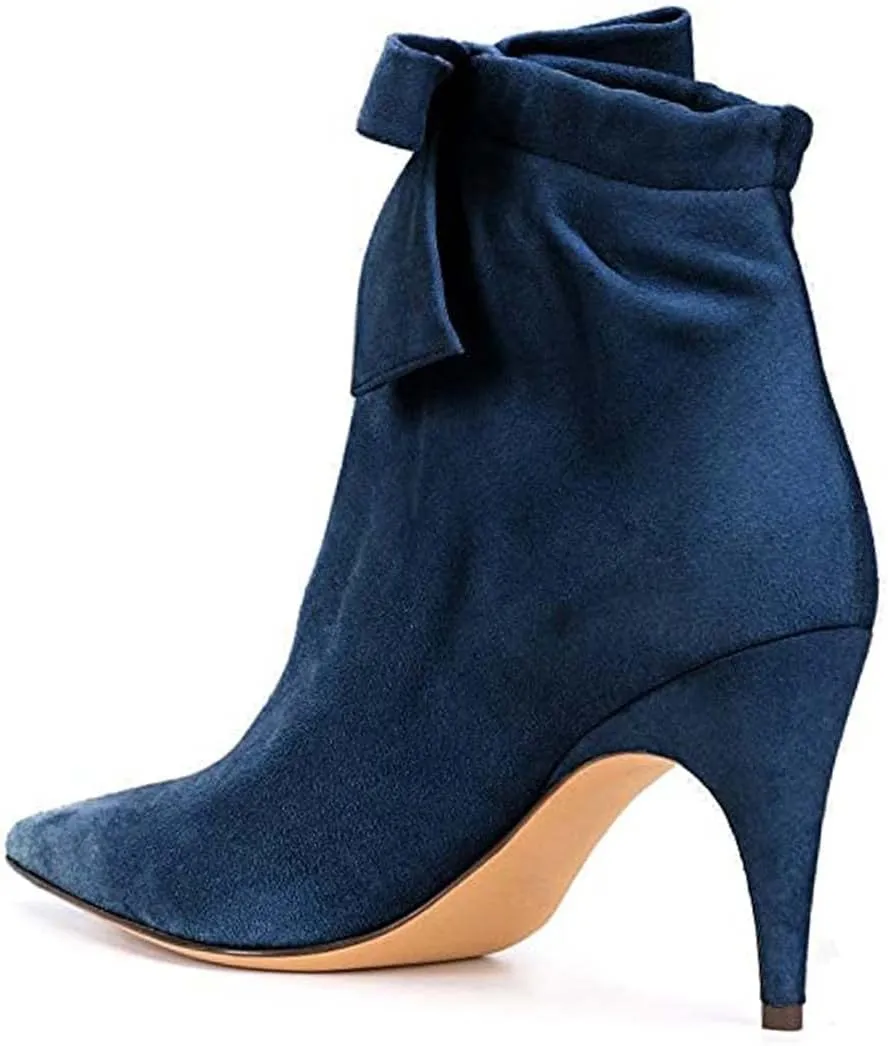 XYD Women Classical Pointed Toe Ankle Booties Dress Low Kitten Heels Graceful Bow Pull-on Boots Party Festival Shoes