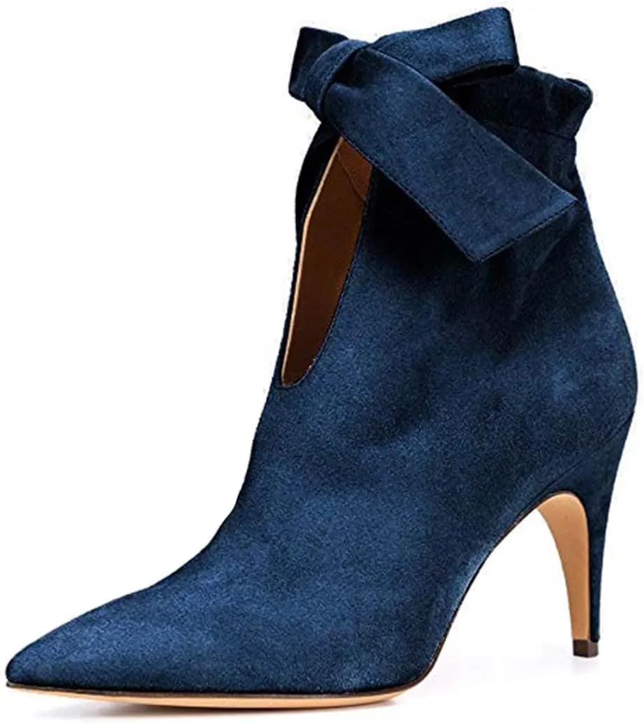 XYD Women Classical Pointed Toe Ankle Booties Dress Low Kitten Heels Graceful Bow Pull-on Boots Party Festival Shoes