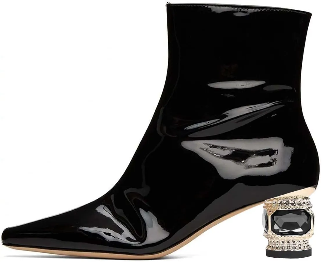 XYD Women Gorgeous Low Chunky Crystal Gem Heel Ankle Boots Closed Square Toe Short Bootie Side Zip Party Ballroom Dress Shoes