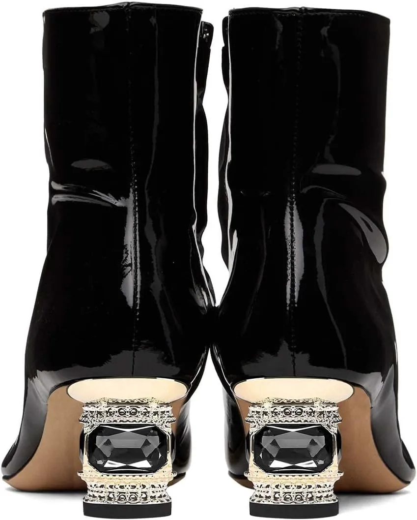 XYD Women Gorgeous Low Chunky Crystal Gem Heel Ankle Boots Closed Square Toe Short Bootie Side Zip Party Ballroom Dress Shoes