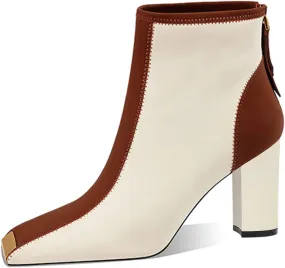 XYD Women Trendy Closed Square Toe Ankle Boots High Chunky Stack Heel Short Bootie Winter Fall Outdoor Party Event Shoes with Zipper