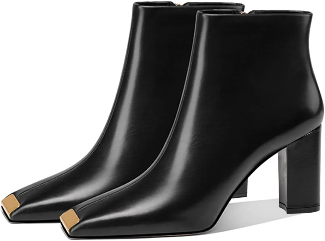 XYD Women Trendy Closed Square Toe Ankle Boots High Chunky Stack Heel Short Bootie Winter Fall Outdoor Party Event Shoes with Zipper