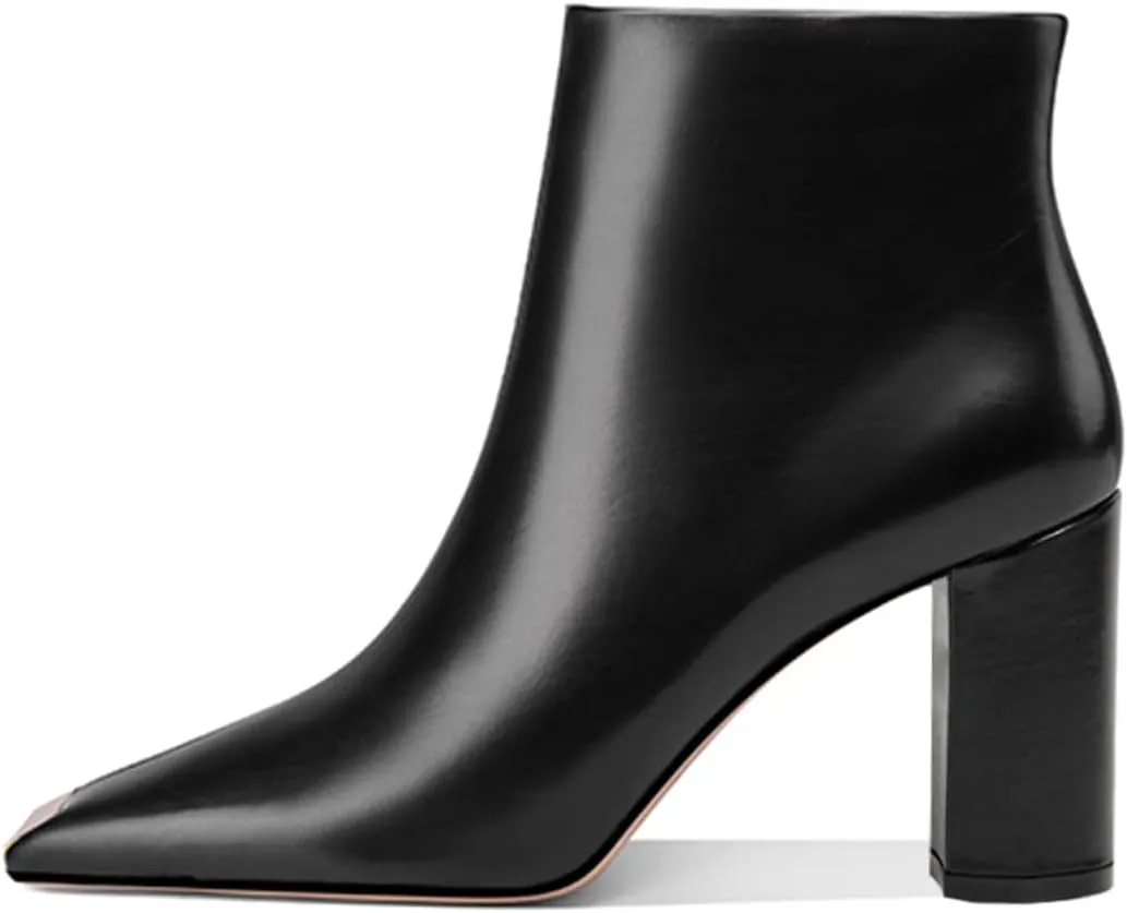 XYD Women Trendy Closed Square Toe Ankle Boots High Chunky Stack Heel Short Bootie Winter Fall Outdoor Party Event Shoes with Zipper