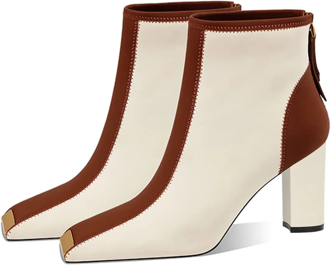XYD Women Trendy Closed Square Toe Ankle Boots High Chunky Stack Heel Short Bootie Winter Fall Outdoor Party Event Shoes with Zipper